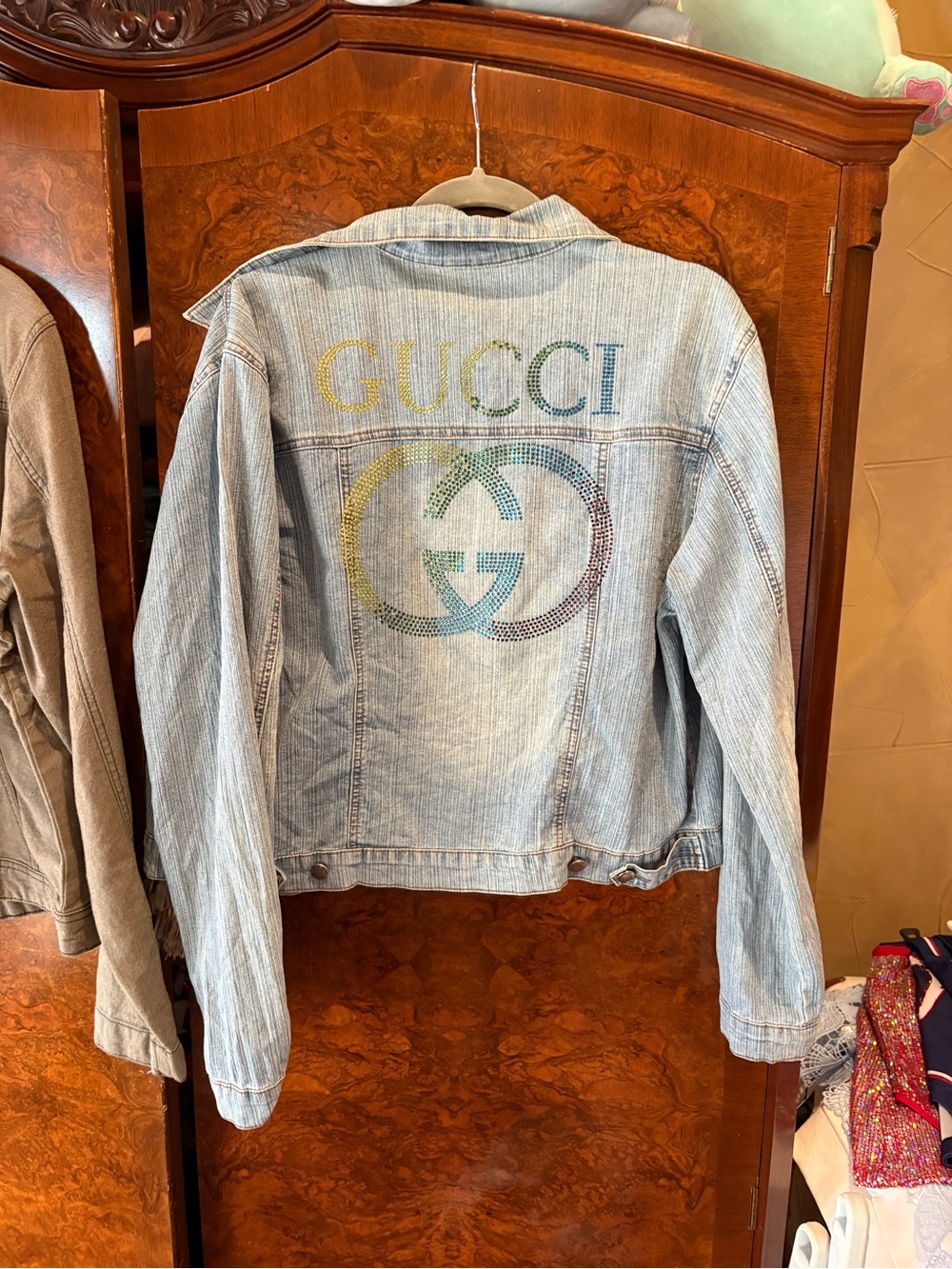 Gucci Rainbow Crystal Logo Light Wash Denim Jacket, NWT